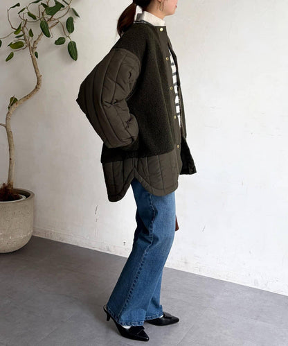 羊羔絨拼接條紋絎縫大衣