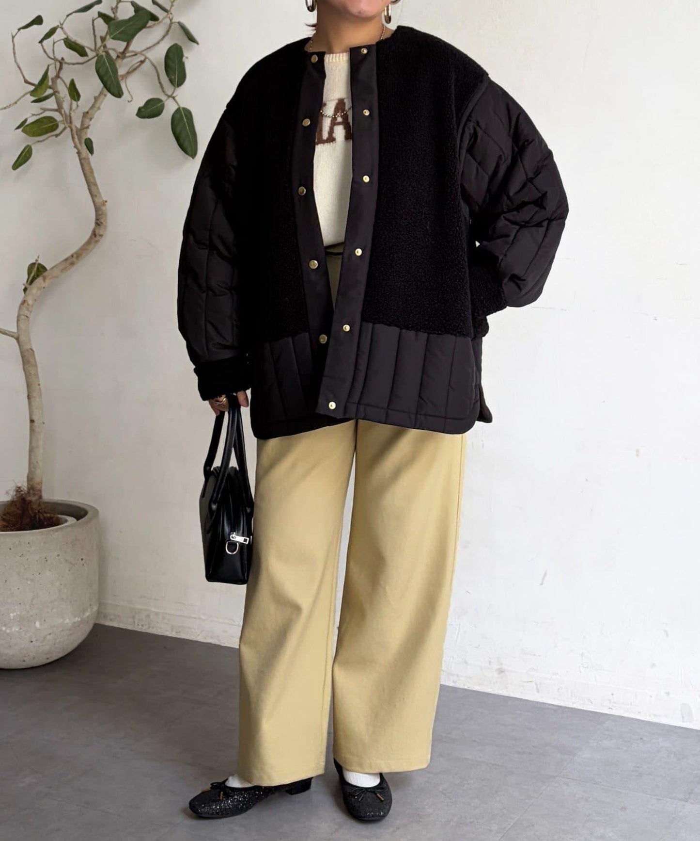 羊羔絨拼接條紋絎縫大衣