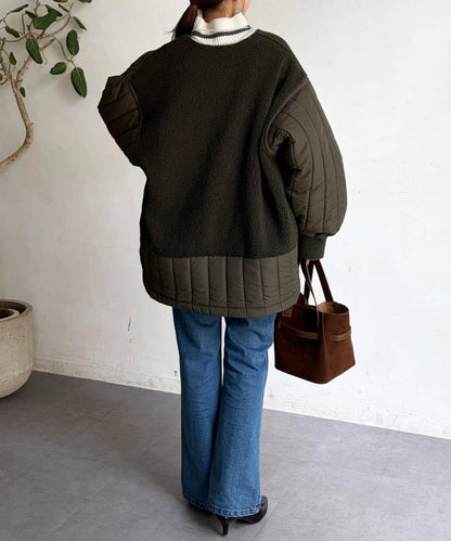 羊羔絨拼接條紋絎縫大衣