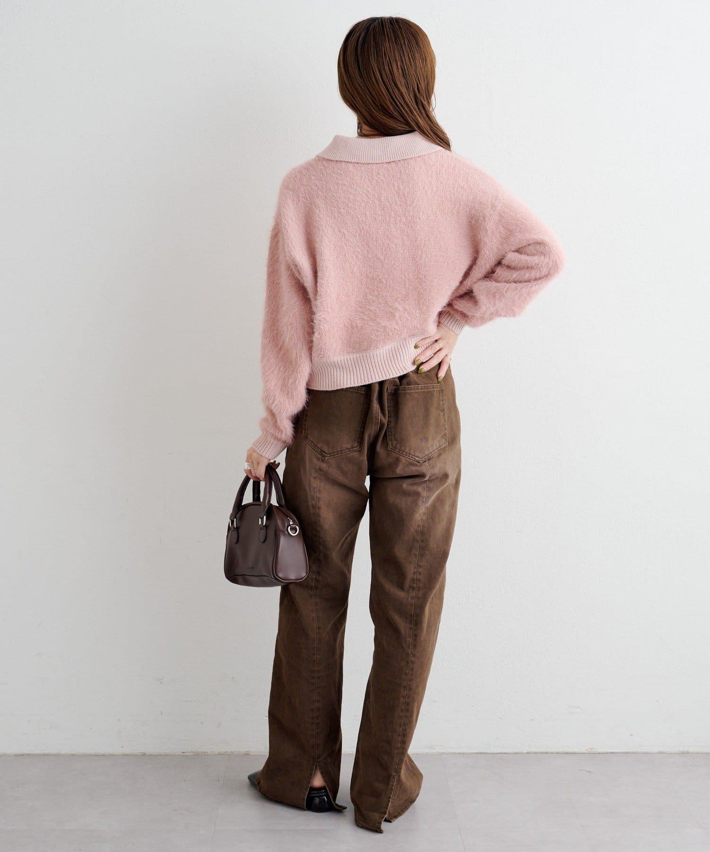 蕾絲繫帶翻領長毛針織衫