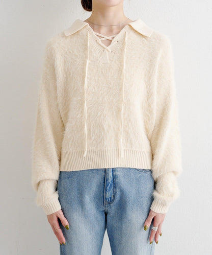 蕾絲繫帶翻領長毛針織衫