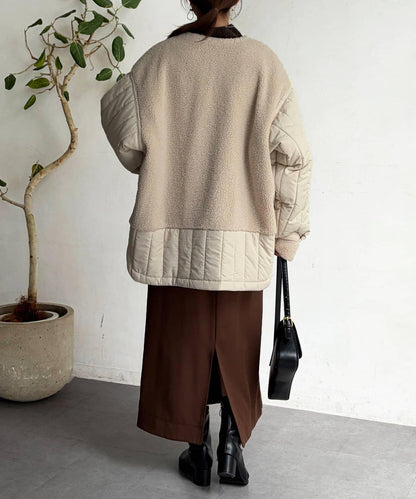 羊羔絨拼接條紋絎縫大衣