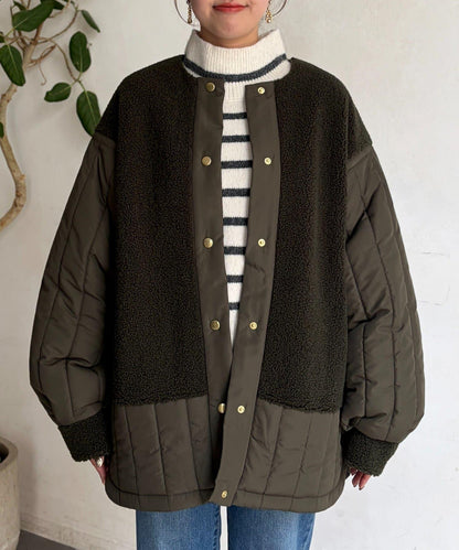 羊羔絨拼接條紋絎縫大衣