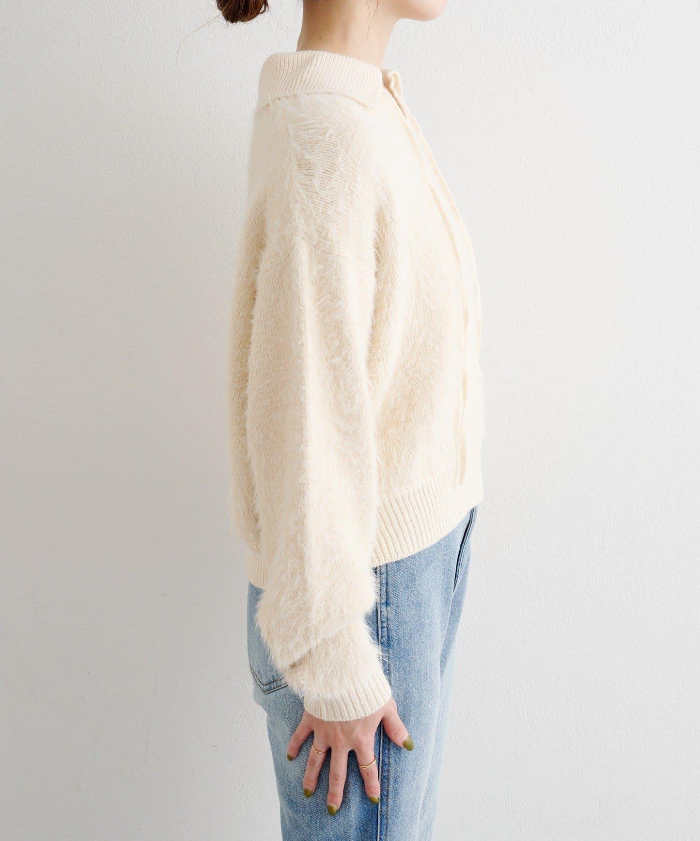 蕾絲繫帶翻領長毛針織衫