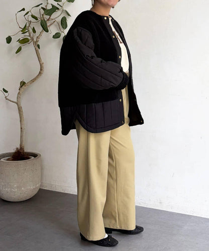 羊羔絨拼接條紋絎縫大衣