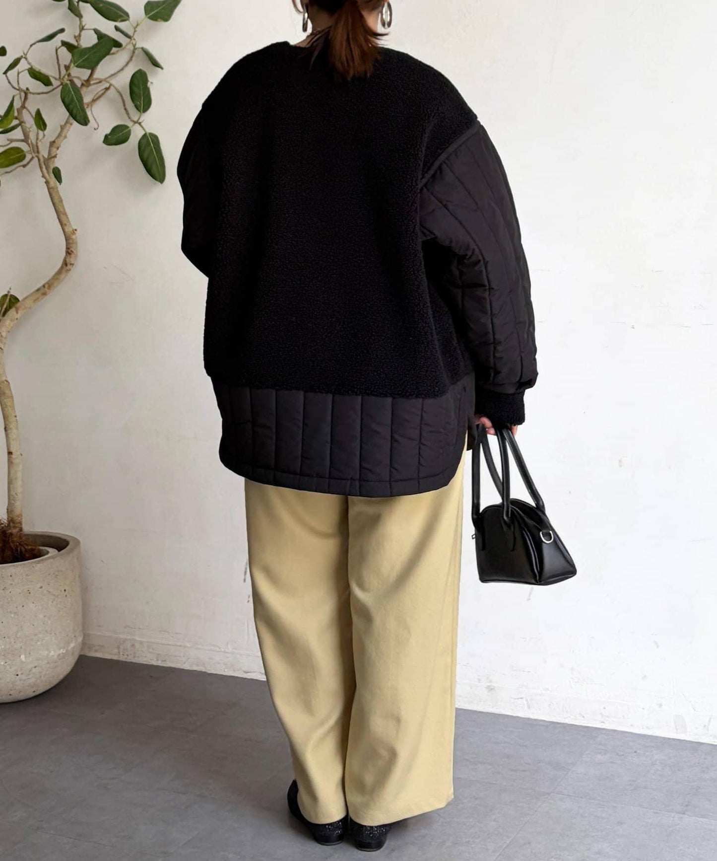 羊羔絨拼接條紋絎縫大衣