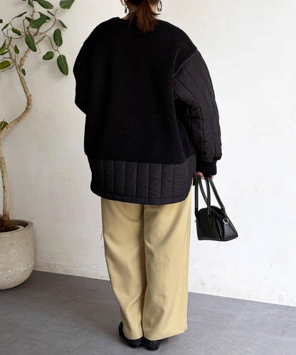 羊羔絨拼接條紋絎縫大衣