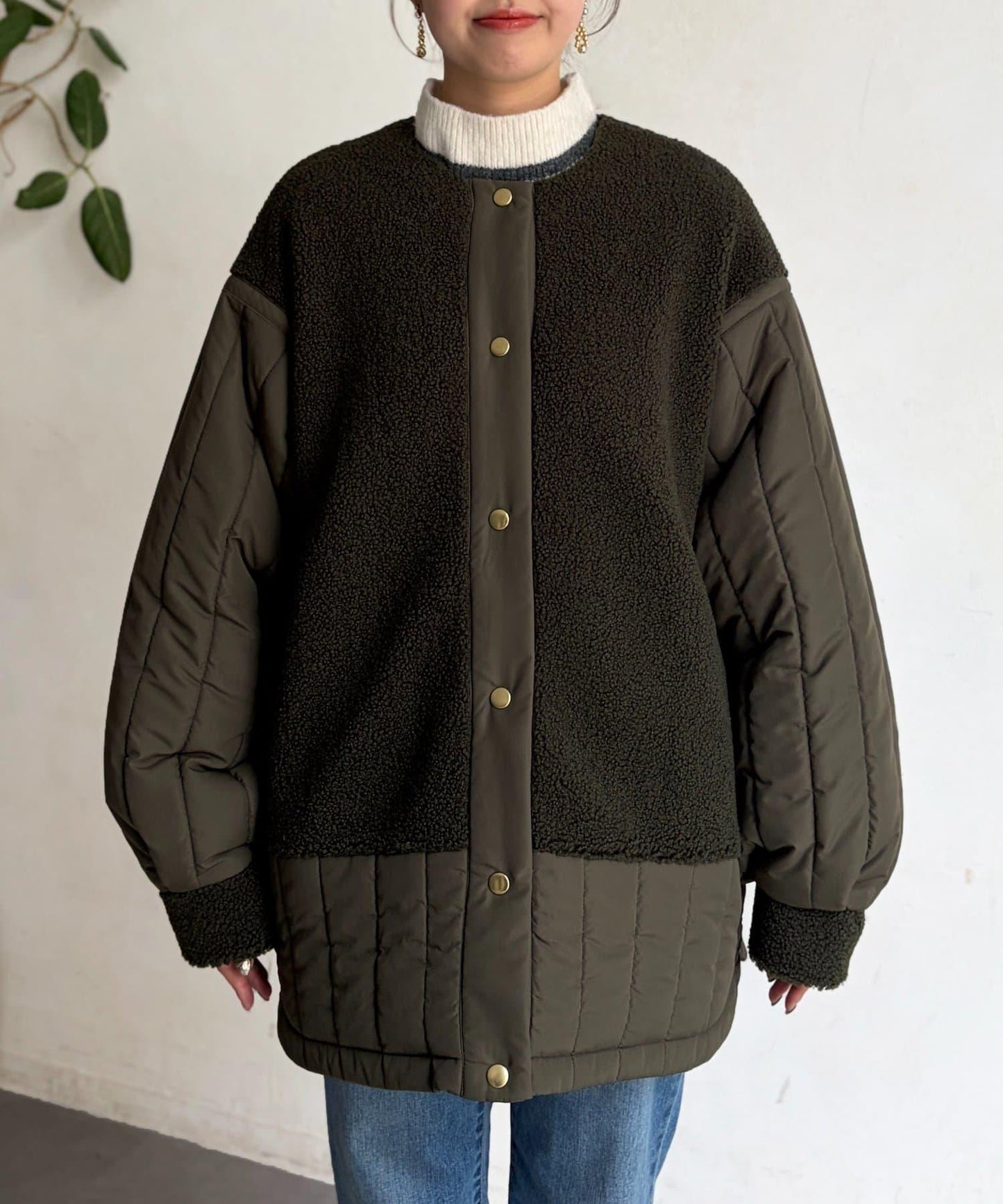 羊羔絨拼接條紋絎縫大衣