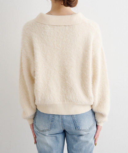 蕾絲繫帶翻領長毛針織衫