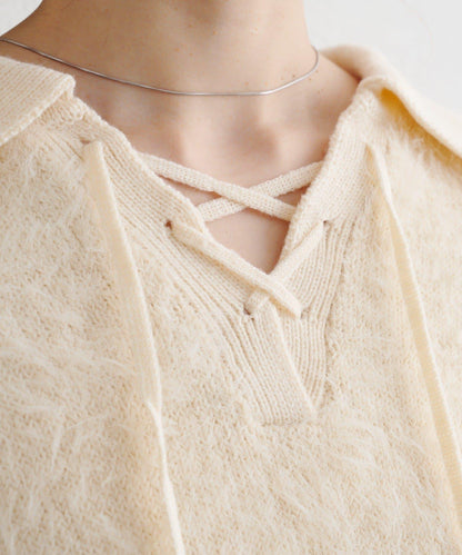蕾絲繫帶翻領長毛針織衫