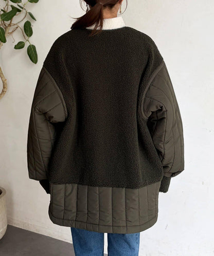 羊羔絨拼接條紋絎縫大衣