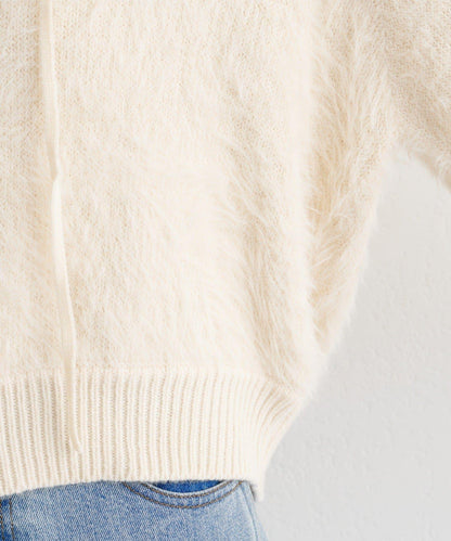 蕾絲繫帶翻領長毛針織衫