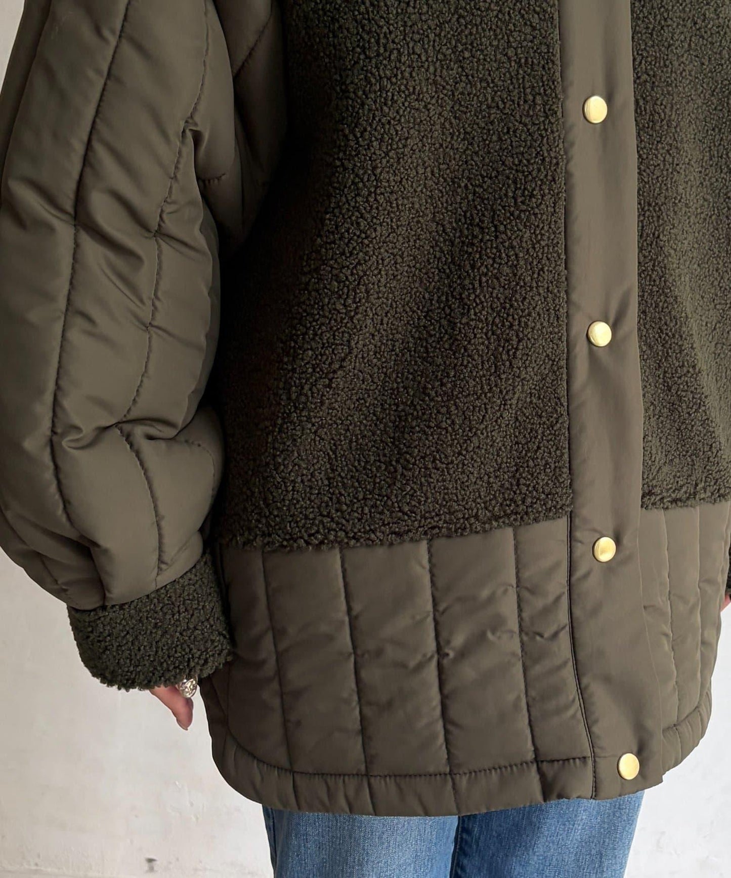 羊羔絨拼接條紋絎縫大衣