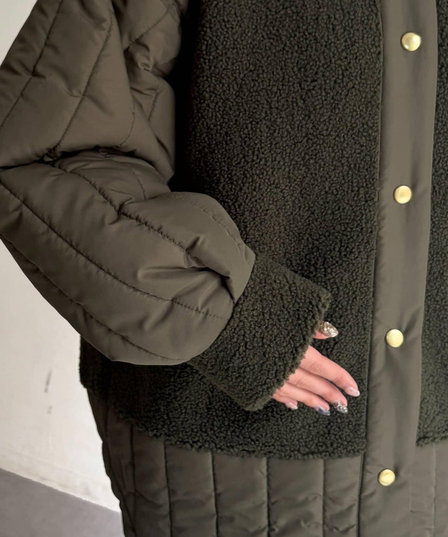 羊羔絨拼接條紋絎縫大衣