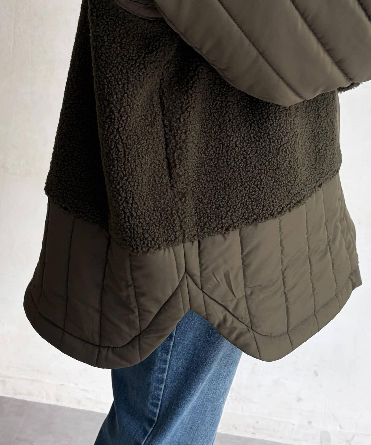 羊羔絨拼接條紋絎縫大衣