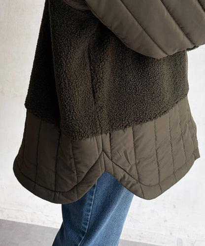 羊羔絨拼接條紋絎縫大衣