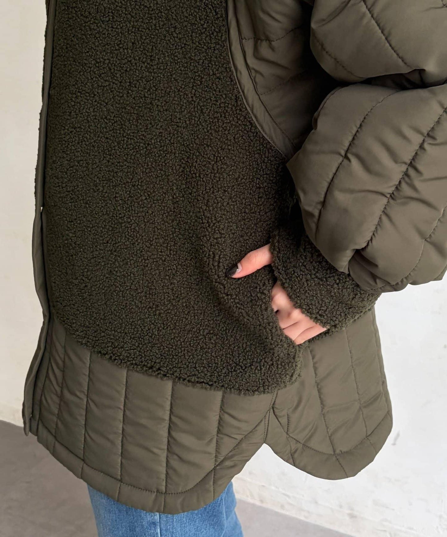 羊羔絨拼接條紋絎縫大衣