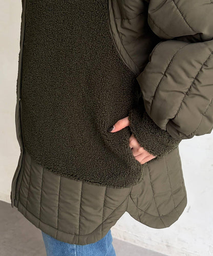 羊羔絨拼接條紋絎縫大衣