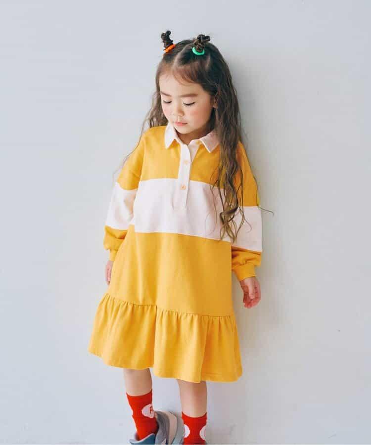 春季拼接色長袖下襬荷葉邊連衣裙 Link