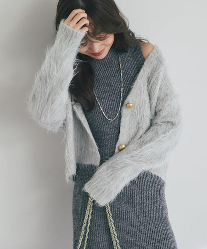 【全骨架推薦最強針織衫】長毛羽短款開衫
