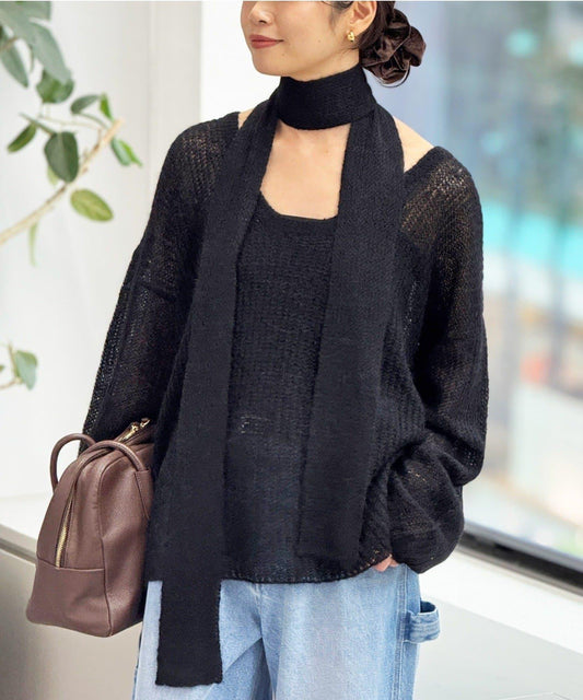 【輕盈感◎】附圍巾羊駝毛寬鬆針織衫