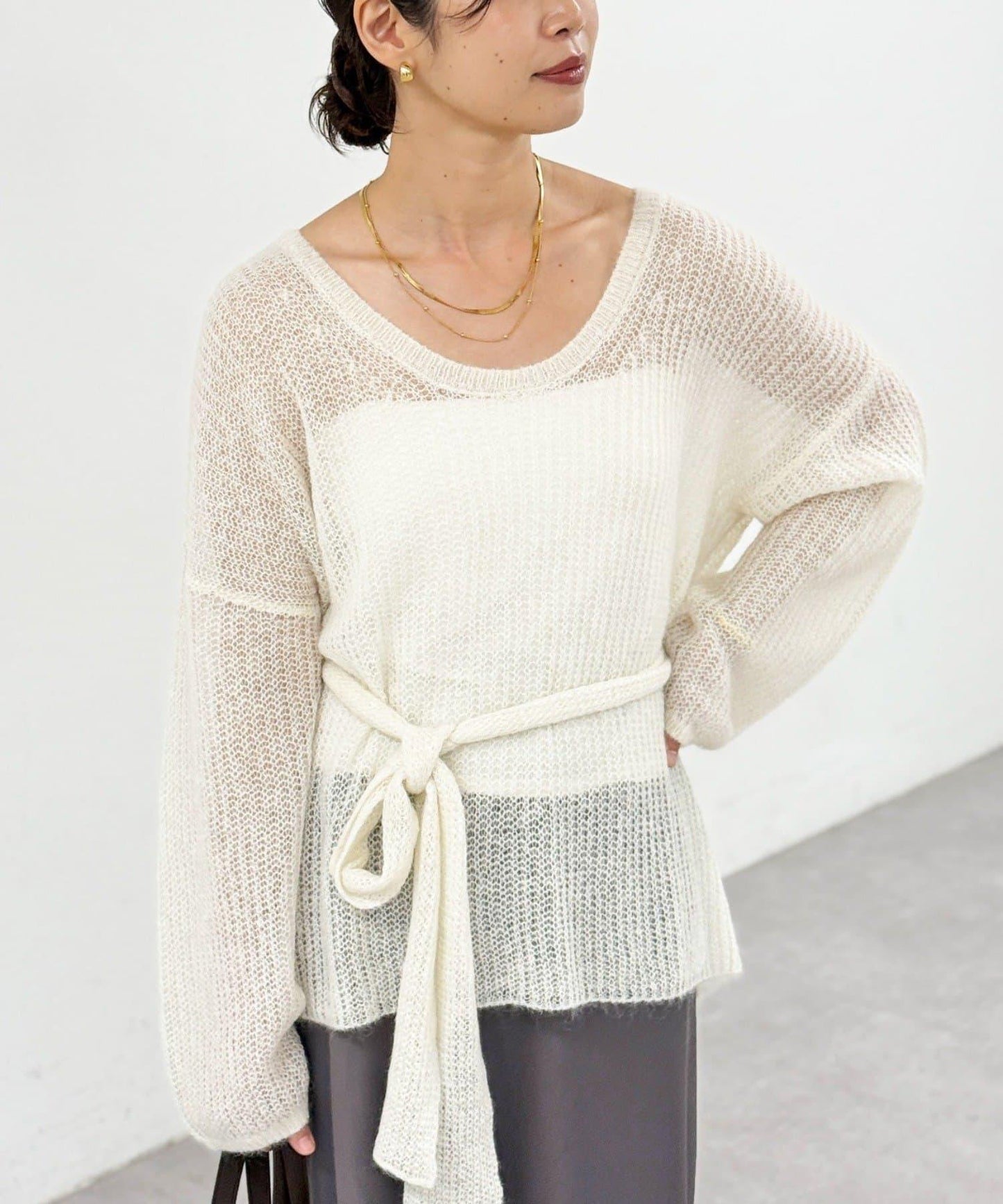 【輕盈感◎】附圍巾羊駝毛寬鬆針織衫