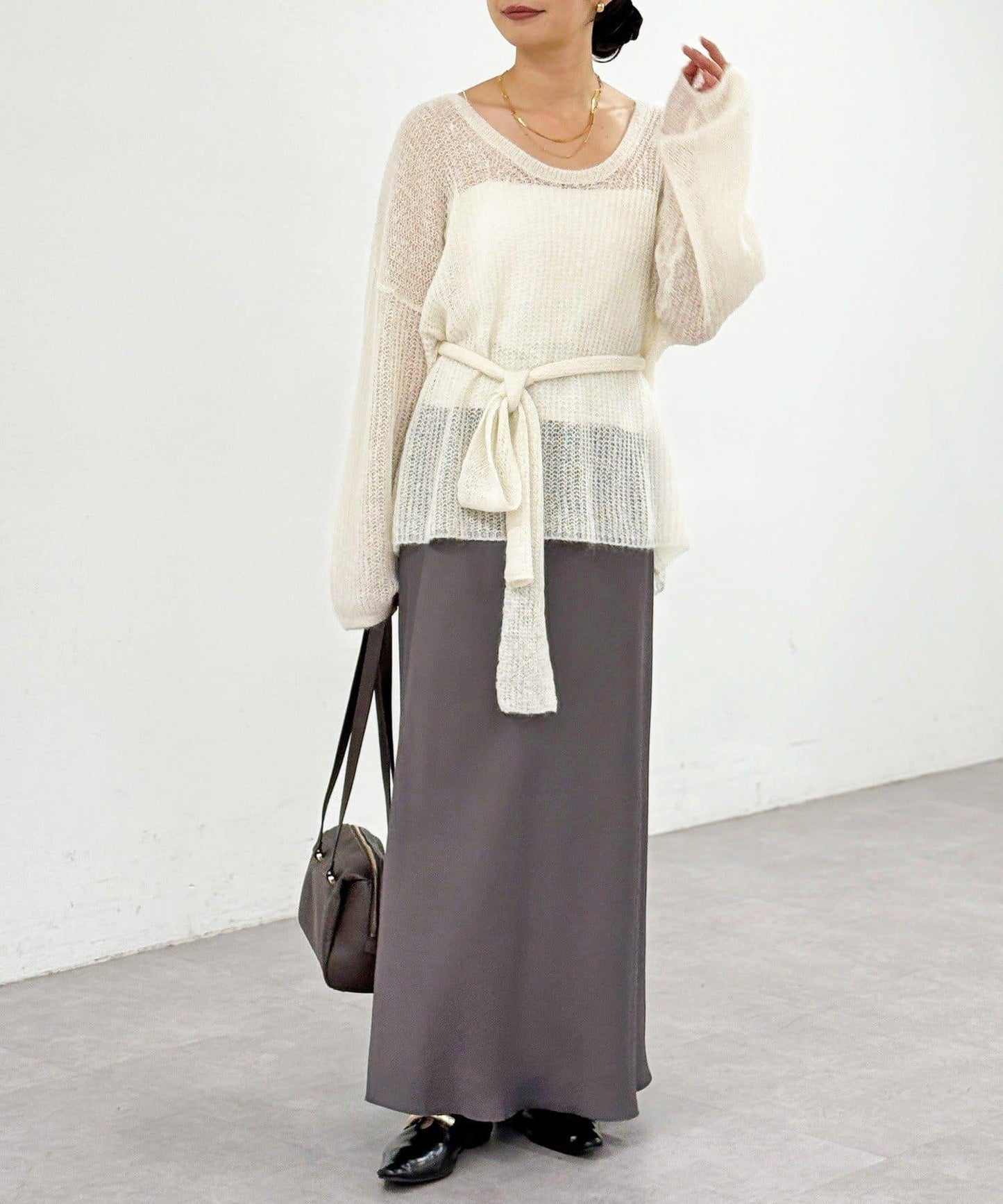 【輕盈感◎】附圍巾羊駝毛寬鬆針織衫