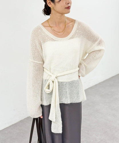 【輕盈感◎】附圍巾羊駝毛寬鬆針織衫