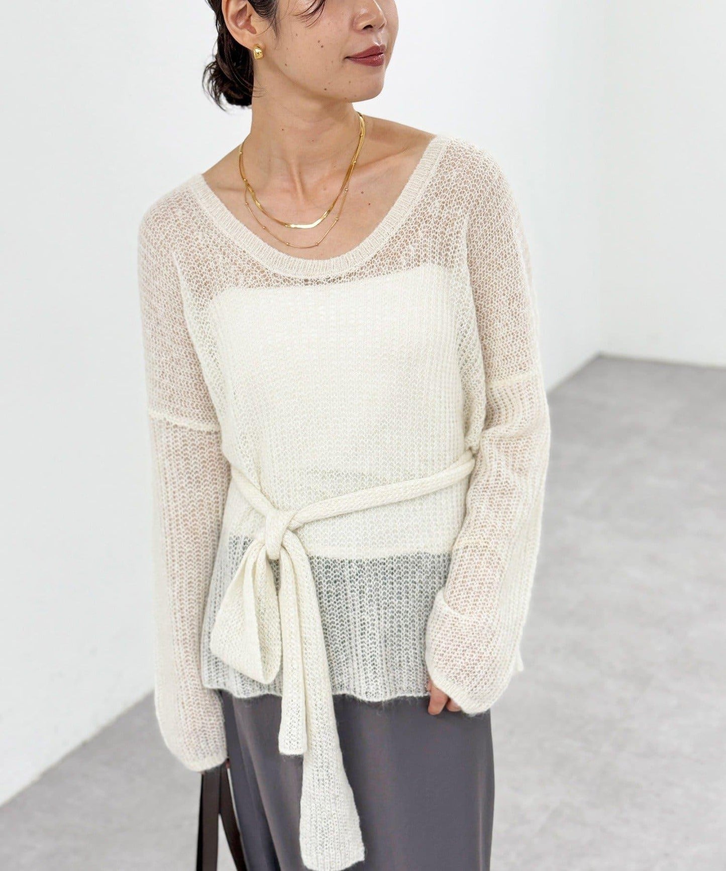 【輕盈感◎】附圍巾羊駝毛寬鬆針織衫