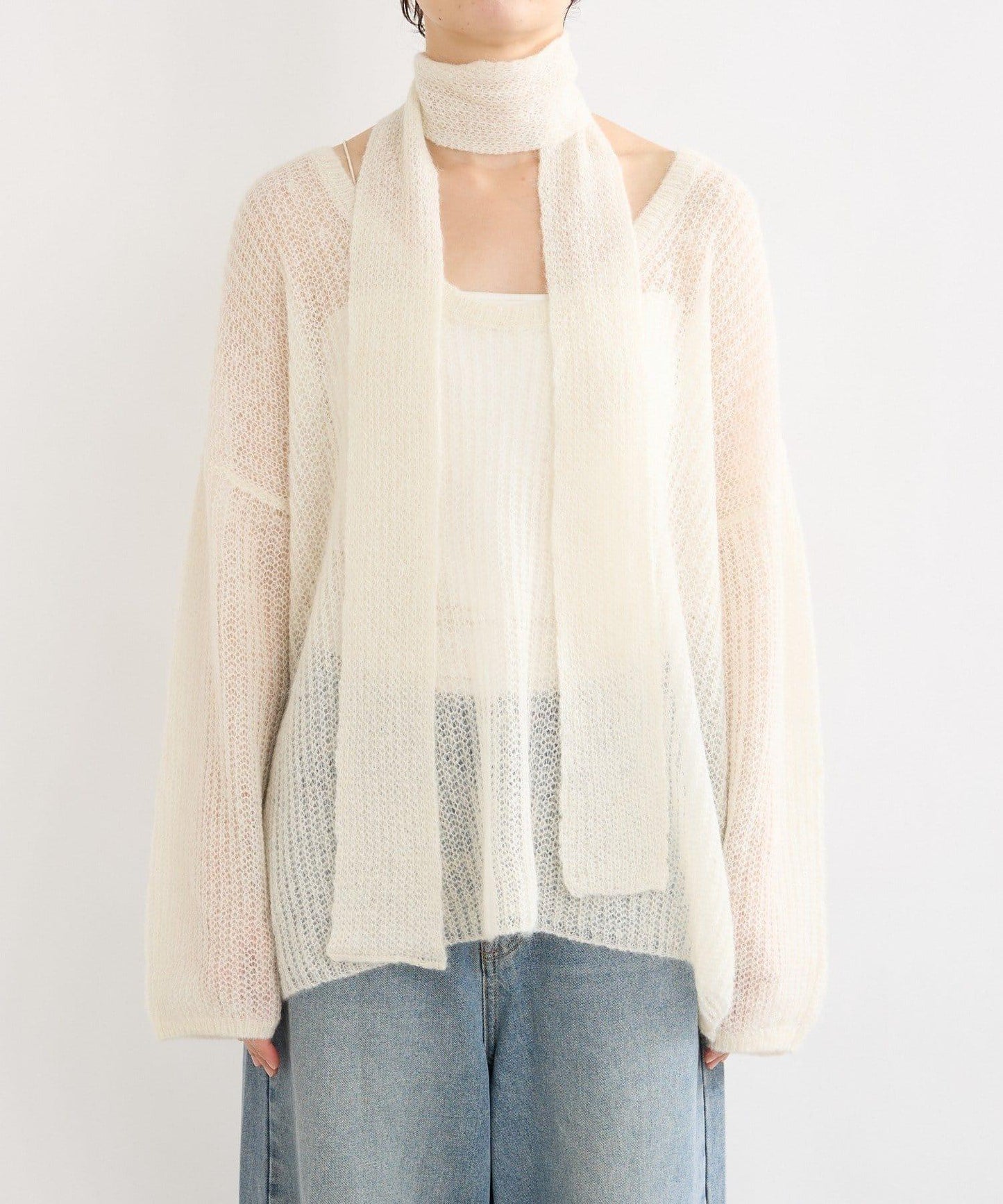 【輕盈感◎】附圍巾羊駝毛寬鬆針織衫