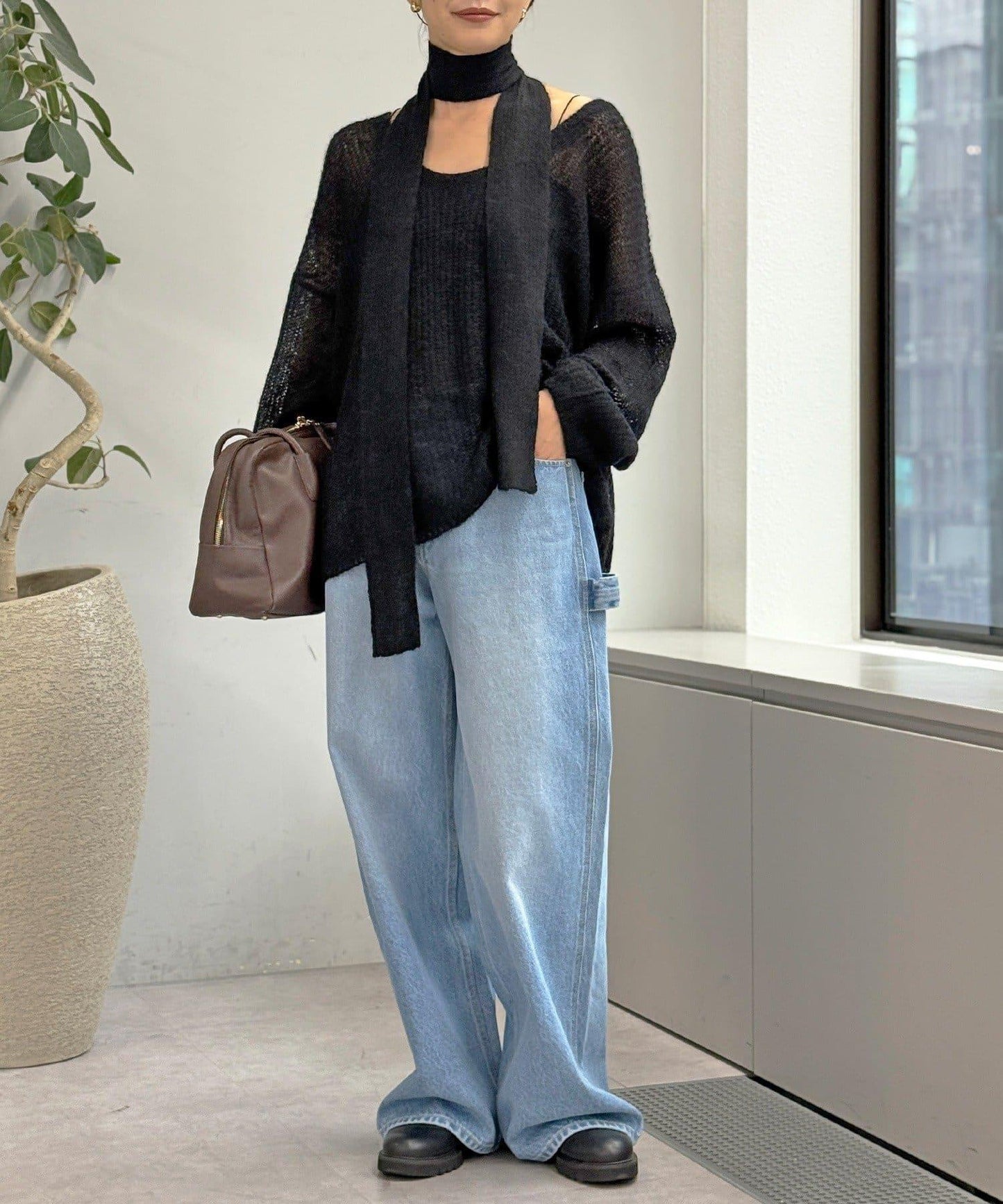 【輕盈感◎】附圍巾羊駝毛寬鬆針織衫