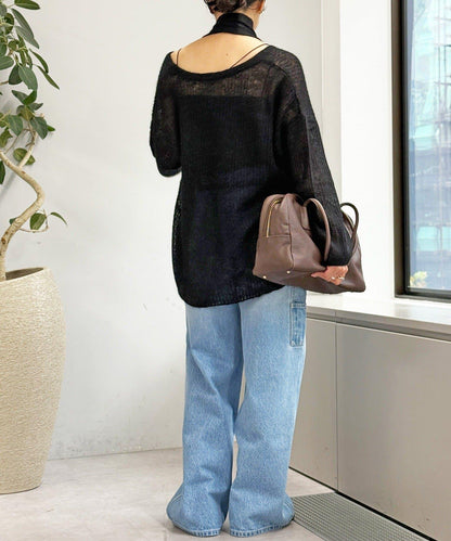 【輕盈感◎】附圍巾羊駝毛寬鬆針織衫