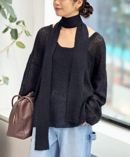 【輕盈感◎】附圍巾羊駝毛寬鬆針織衫
