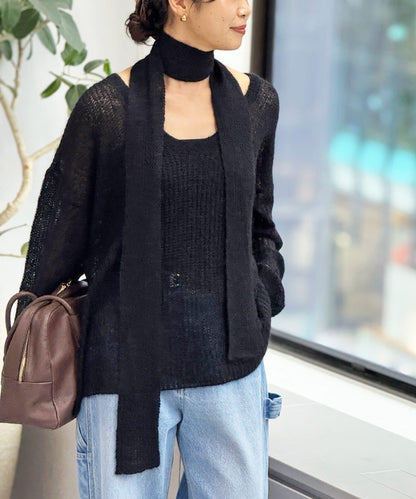 【輕盈感◎】附圍巾羊駝毛寬鬆針織衫