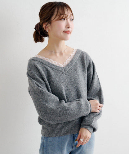 B 蕾絲拼接針織套頭衫