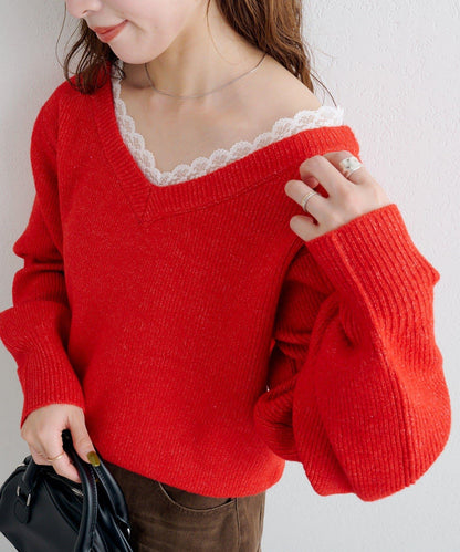 B 蕾絲拼接針織套頭衫