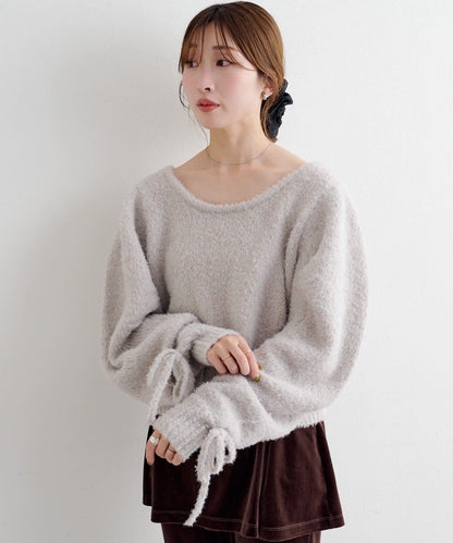 B 蝴蝶結馬海毛袖針織衫