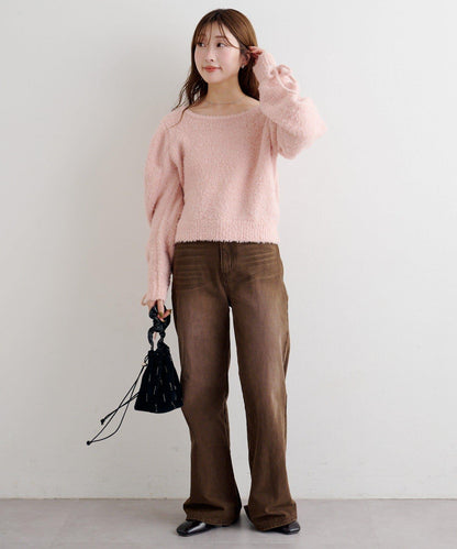 B 蝴蝶結馬海毛袖針織衫