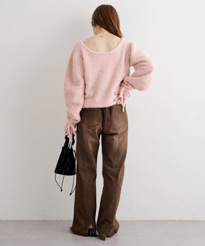 B 蝴蝶結馬海毛袖針織衫