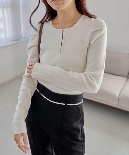 扣袢亨利領蓬鬆針織衫