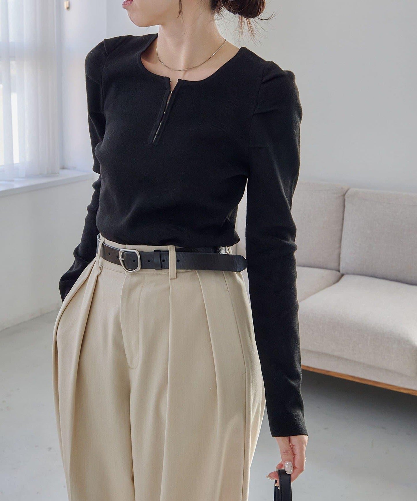 扣袢亨利領蓬鬆針織衫