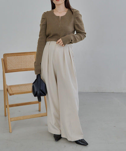 扣袢亨利領蓬鬆針織衫