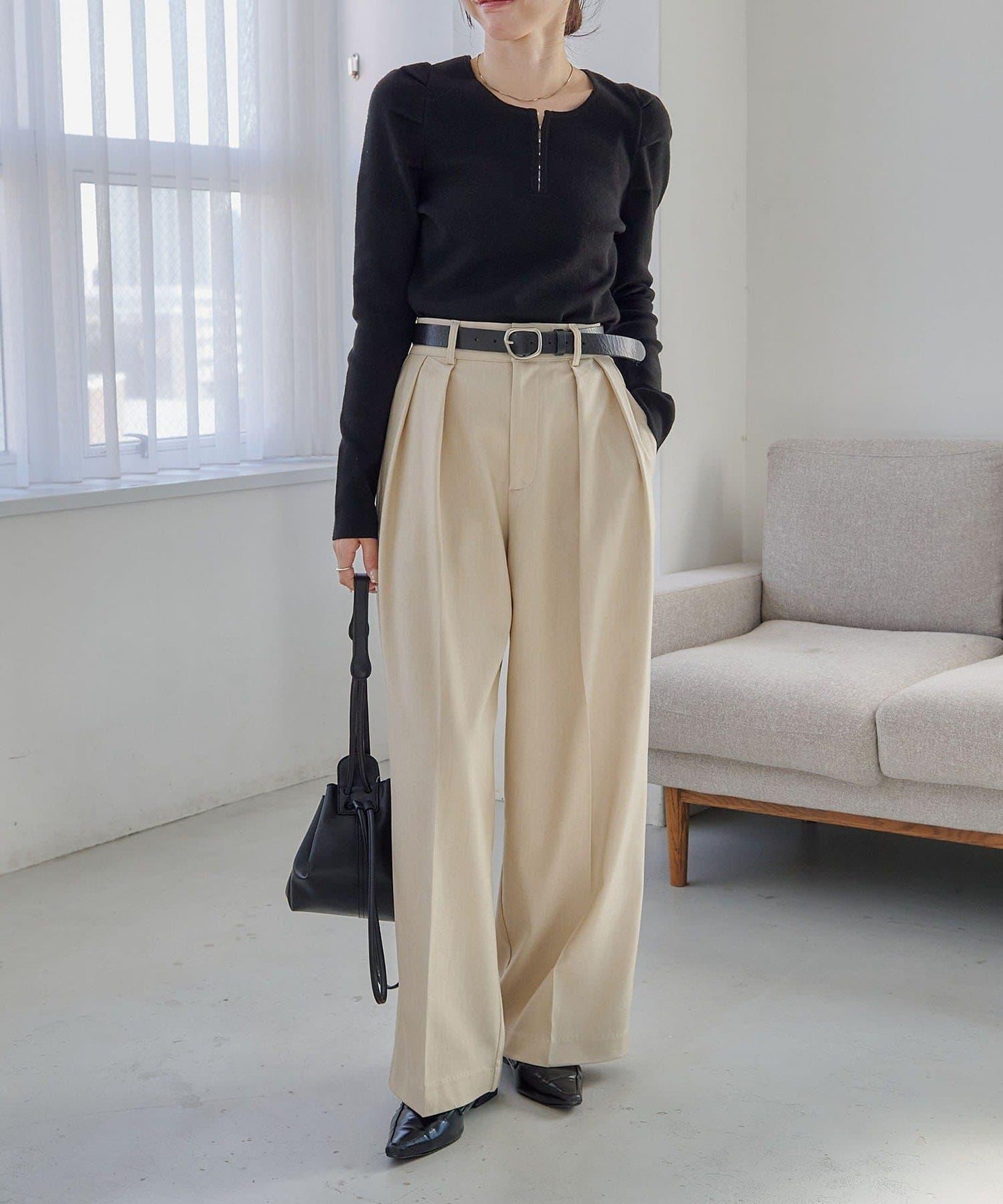 扣袢亨利領蓬鬆針織衫