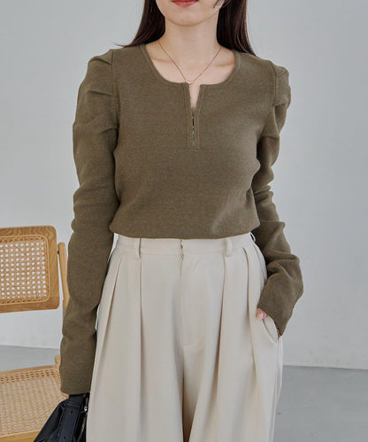 扣袢亨利領蓬鬆針織衫