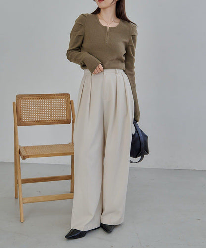 扣袢亨利領蓬鬆針織衫