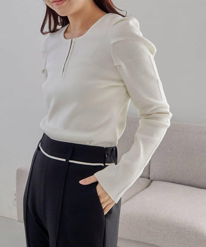 扣袢亨利領蓬鬆針織衫