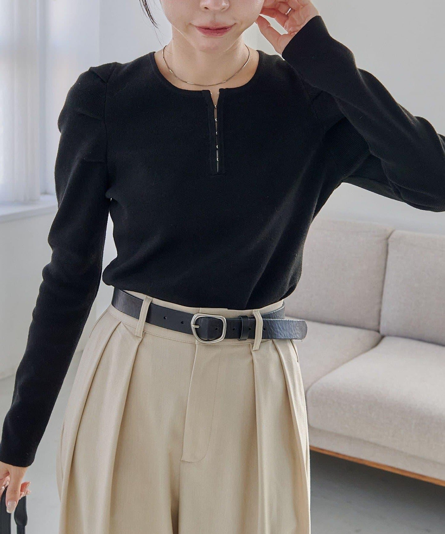 扣袢亨利領蓬鬆針織衫