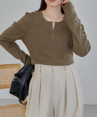 扣袢亨利領蓬鬆針織衫