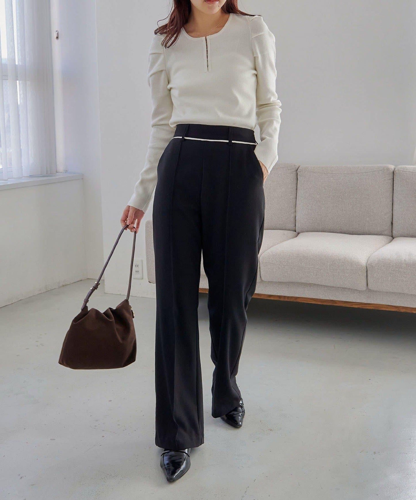 扣袢亨利領蓬鬆針織衫