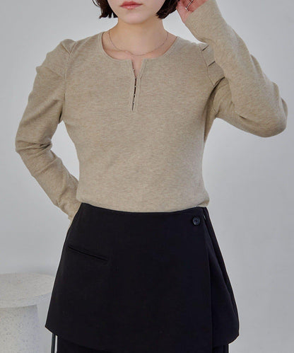 扣袢亨利領蓬鬆針織衫